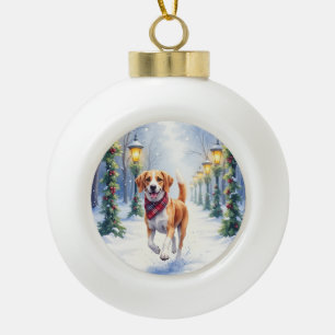 Aquarell-Beagle-Schneelandschaft-Weihnachten Keramik Kugel-Ornament
