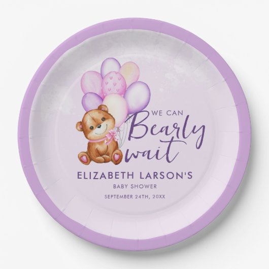 Aquarell Bearly Wait Baby Dusche Pappteller (Vorderseite)