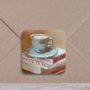 Aquarell-Becher Kaffee auf Vintage-Büchern Quadratischer Aufkleber