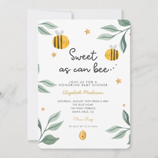 Aquarell Bee Honey Sweet Baby Dusche Einladung (Vorderseite)