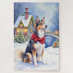 Aquarell Belgischer Schäferhund Winter Weihnachten Puzzle