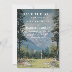 Aquarell-Berg-Blumen-Lichterkette Hochzeit Save The Date