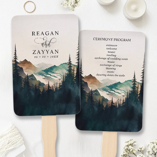 Aquarell-Berg-Kiefernwald-Hochzeitsprogramm Fächer