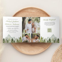 Aquarell-Berg-Kiefernwald-QR-Code-Hochzeit