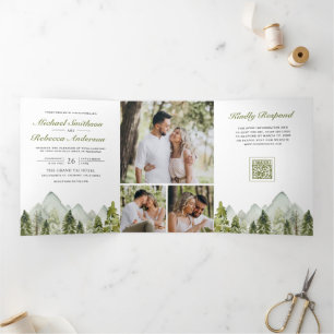 Aquarell-Berg-Kiefernwald-QR-Code-Hochzeit Dreifach Gefaltete Einladung