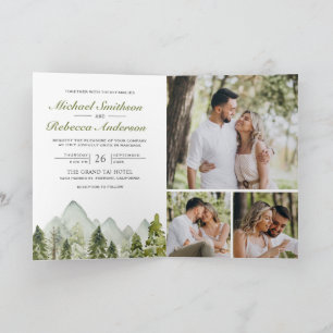 Aquarell-Berg-Kiefernwald-QR-Code-Hochzeit Einladung