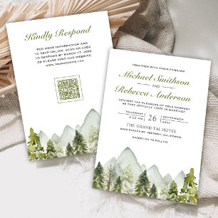 Aquarell-Berg-Kiefernwald-QR-Code-Hochzeit Einladung