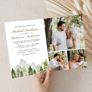 Aquarell-Berg-Kiefernwald-QR-Code-Hochzeit Einladung