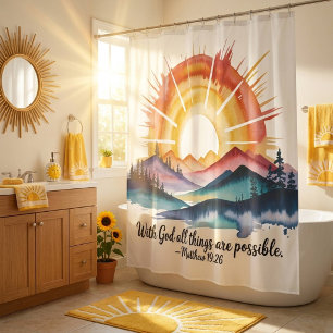 Aquarell Berg Sonnenaufgang Bibelvers Duschvorhang