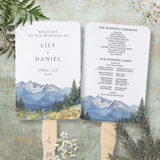 Aquarell-Berg-Wildblumen-Hochzeitsprogramm Fächer