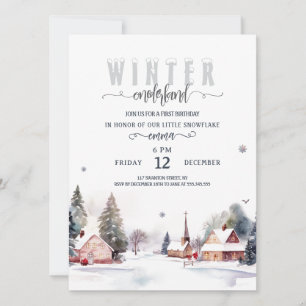 Aquarell-Berg-Winter-Onederland 1. Geburtstag Einladung