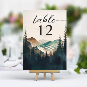 Aquarell Berge Kiefernwald Hochzeit Tischnummer