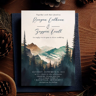 Aquarell Berge Kiefernwald Schrift Hochzeit Einladung