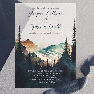 Aquarell-Berge Kiefernwald Schrift Hochzeit Pergament Einladungen
