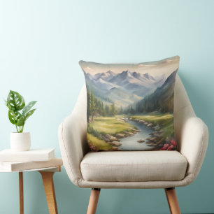 Aquarell-Bergflusslandschaft Kissen