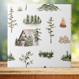 Aquarell-Berghütte-Wald-Nahtloses Muster Fliese
