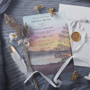 Aquarell-Bergsee-Blick QR-Code-Hochzeit Einladung