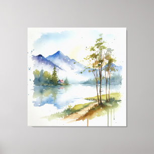 Aquarell-Bergsee-Landschaft mit Bäumen Leinwanddruck