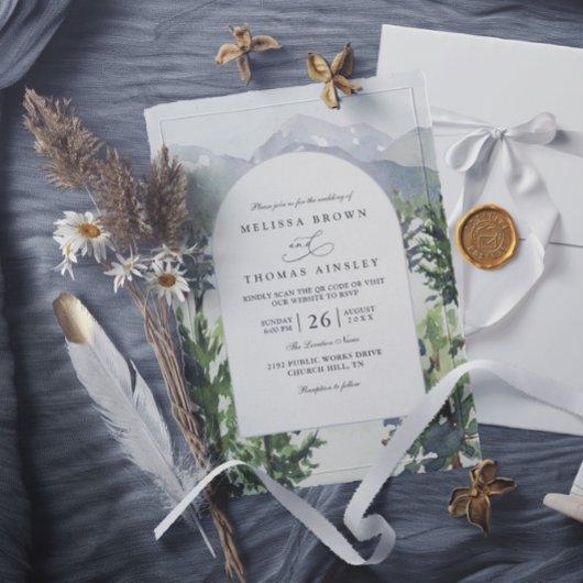 Aquarell-Bergwald-Rustikal-QR-Code-Hochzeit Einladung