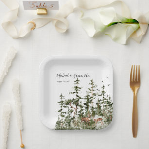Aquarell Bergwald Rustikale Hochzeit Pappteller
