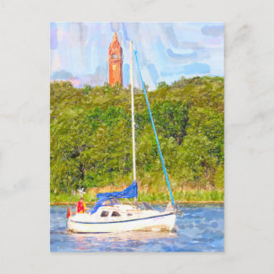 Aquarell Berlin. Grunewaldturm und Boot Havel Postkarte