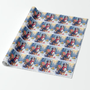 Aquarell Berner Sennenhund Schlitten Weihnachten Geschenkpapier