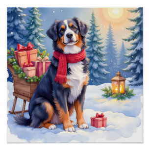 Aquarell Berner Sennenhund Schlitten Weihnachten Poster