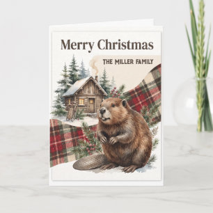 Aquarell-Biber-Karo-Wald-Weihnachten Individuell Karte