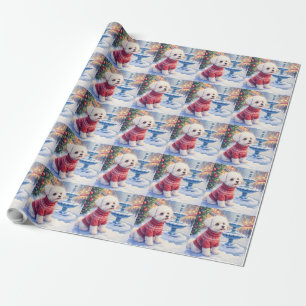 Aquarell-Bichon-Frise-Festbrunnen-Weihnachten Geschenkpapier