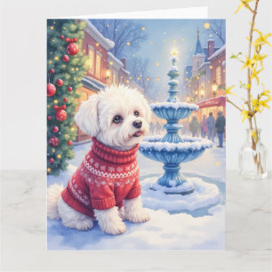 Aquarell Bichon Frise Festlicher Brunnen Weihnacht Karte