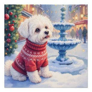 Aquarell Bichon Frise Festlicher Brunnen Weihnacht Poster