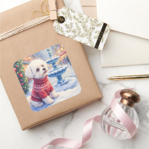 Aquarell Bichon Frise Festtagsbrunnen Weihnachten Quadratischer Aufkleber
