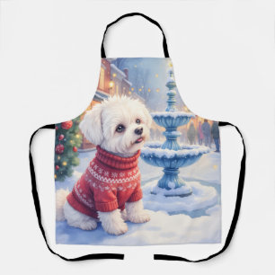 Aquarell Bichon Frise Festtagsbrunnen Weihnachten Schürze