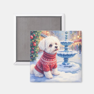 Aquarell-Bichon-Frisi-Festbrunnen-Weihnachten Magnet