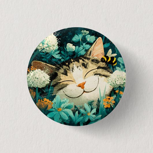 Aquarell-Biene Schlafende Katze Blumen Garten Button (Vorderseite)