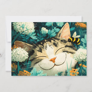 Aquarell-Biene Schlafende Katze Blumen Garten Feiertagskarte
