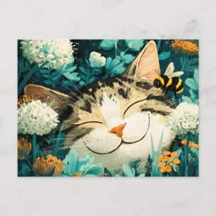 Aquarell-Biene Schlafende Katze Blumen Garten Feiertagspostkarte