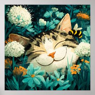 Aquarell-Biene Schlafende Katze Blumen Garten Poster
