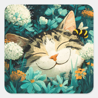 Aquarell-Biene Schlafende Katze Blumen Garten Quadratischer Aufkleber