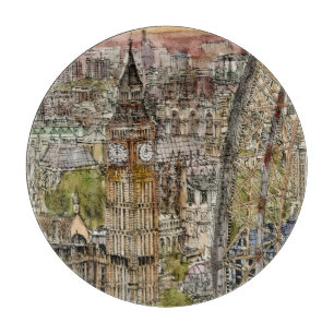 Aquarell Big Ben der Bestimmungsort-  u. Schneidebrett
