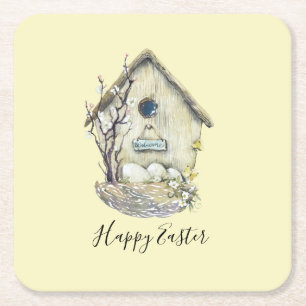 Aquarell Birdhouse Ei Nest Oster Rechteckiger Pappuntersetzer