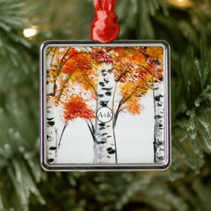 Aquarell Birken Bäume Herbst Hochzeit Ornament Aus Metall