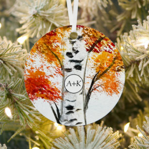 Aquarell Birken Bäume Herbst Hochzeit Ornament Aus Metall