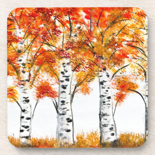 Aquarell-Birken-Bäume-Herbst orange Blätter Getränkeuntersetzer