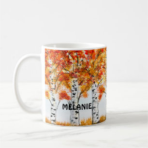 Aquarell Birken Bäume Herbst orange Blätter Kaffeetasse
