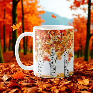 Aquarell Birken Bäume Herbst Orange Blätter Kaffeetasse