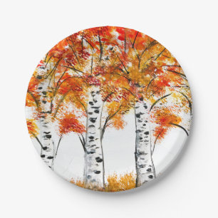 Aquarell-Birken-Bäume-Herbst orange Blätter Pappteller