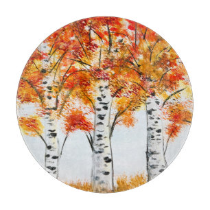 Aquarell-Birken-Bäume-Herbst-orange-Blätter Schneidebrett
