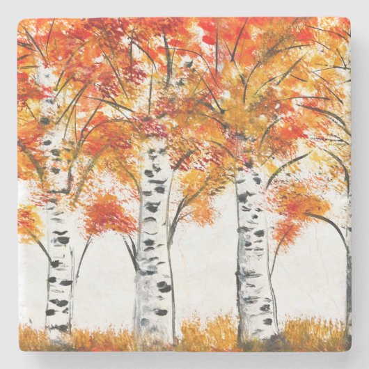 Aquarell-Birken-Bäume-Herbst orange Blätter Steinuntersetzer (Vorderseite)