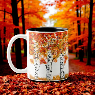 Aquarell Birken Bäume Herbst orange Blätter Zweifarbige Tasse